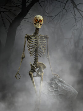 A skeleton with glowing red eyes stands by a tombstone in a haunting scene. 3D Rendering