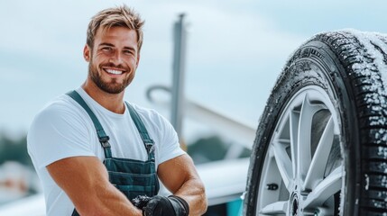 A charismatic mechanic in sunlit surroundings stands proudly with a snow-covered tire, demonstrating passion and readiness to work in challenging weather conditions.