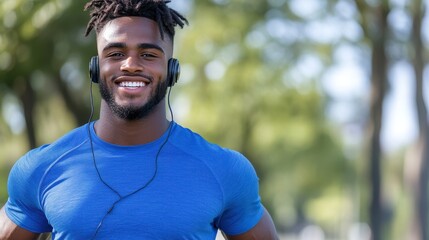 A muscular man in a blue shirt adorned with headphones jogs through a bright and sunny park, exuding confidence and joy during his refreshing workout.