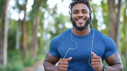 An athletic man with styled hair and a blue shirt enjoys his jog in the sun, smiling with headphones on as he navigates the lush, tree-lined park trail.