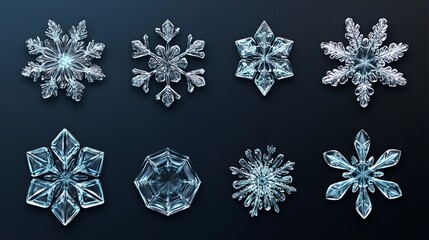 Set of realistic snowflake images made with 3D graphics. Vector images of cold and frost. Design element for the winter season. Hexagonal crystal shape.