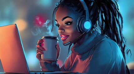 Illustration of young afro american woman wearing a headset holding a cup of coffee in front of a laptop. call center operator or software developer or gamer