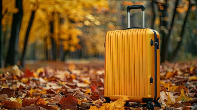 video of modern yellow suitcase on the faling autumn leaves background, travel concept