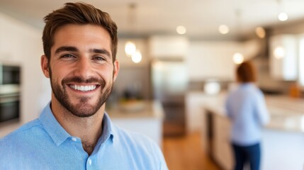 Fototapeta premium A confident man smiles brightly in a modern kitchen, showcasing a comfortable and contemporary lifestyle, ideal for promoting home living and positivity.