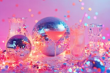 Girly Party Still Life with Disco Ball, Cocktails and Colorful Confetti - Perfect for Festive Design and Party Invitations