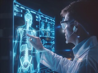 Doctor Examining Patient s Digital X Ray Using Holographic Interface with Virtual Tools