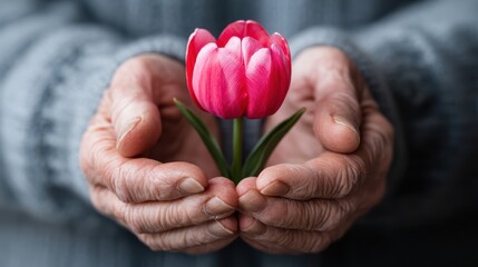 An elderly person&rsquo;s gentle hands cradle a vibrant pink tulip, capturing a contrast of youthful beauty and wisdom, symbolizing life&rsquo;s delicate and enduring journey.