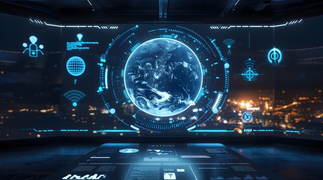 Futuristic Holographic Interface Displaying Real Time Global Data and Weather on a 3D Rotating Earth