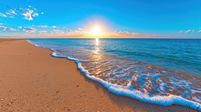 A photostock images of a serene beach with gentle waves at sunrise
