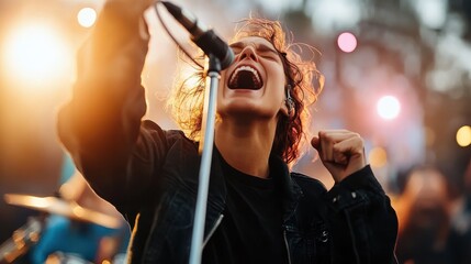 A singer with a fierce expression sings energetically into a microphone at a live concert, capturing the raw power and vibrancy of the musical moment.