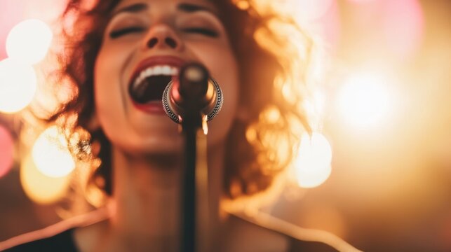 A close-up of a female singer with curly hair expressing raw emotion as she sings powerfully into a microphone, highlighted by the warm glow of stage lights.