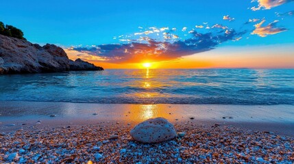 Obraz premium A photostock images of a sunset over a calm ocean with soft waves