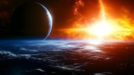 A Digital Illustration of a Planet in Space with a Red Sun in the Background