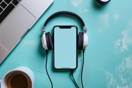 Smartphone and headphones for listening to audiobooks, music or podcasts