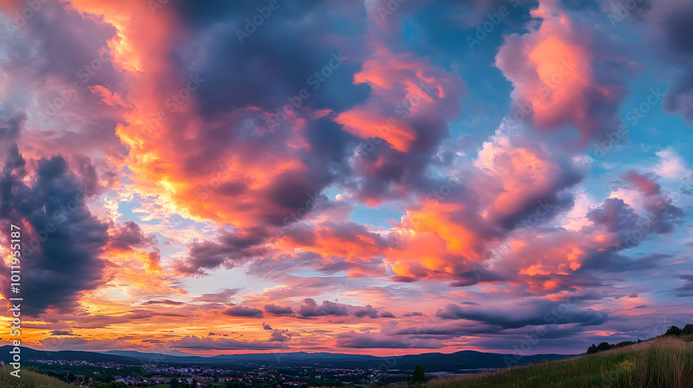 Canvas Prints Panorama of a cloudy sunset sky with pink clouds , sunset, sky, clouds, panorama, scenic, nature, evening, dusk