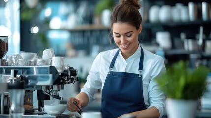 A woman in a blue apron is engrossed in preparing espresso in a contemporary cafe, highlighting skill, concentration, and dedication in a bustling environment.
