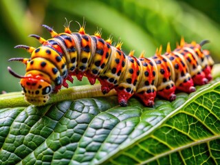 Naklejka premium Close-up of Tomato Moth Caterpillar on Leaf, Showcasing Its Unique Patterns and Natural Habitat