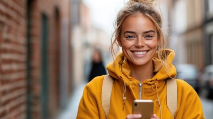 A young woman with a carefree expression enjoys listening to music on her smartphone while wearing a comfortable yellow hoodie, casually standing in an urban environment.
