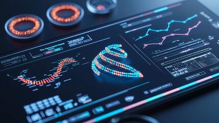 Genomic data analysis tools on display, petri dishes and digital interfaces showing brightly colored DNA sequences, subtle professional lighting highlighting the setup