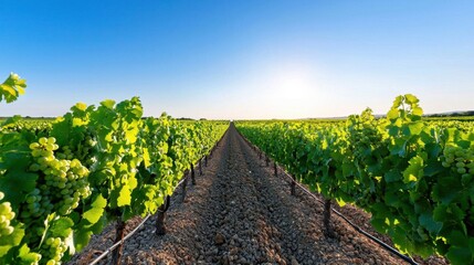 Obraz premium A photostock images of a vineyard with rows of grapevines under a clear blue sky
