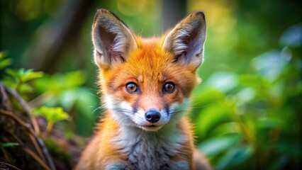 Close-Up of Vibrant Orange Fox Pup with Striking Eyes in Natural Woodland Habitat During Daylight