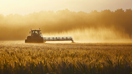 Naklejka premium A tractor is captured spraying pesticides on a corn field during spring, highlighting agricultural activities at the beginning of the growing season