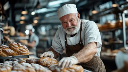 A senior baker wearing a white hat tidily arranges a selection of freshly baked breads on a rack, demonstrating organization and attention to detail in a bustling bakery.