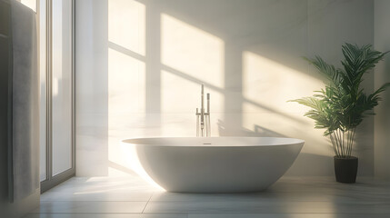 Interior with a modern bathtub in white tones with sunlight streaming in through the window.