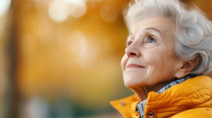 A senior woman wearing glasses and a patterned sweater gazes skyward in a sitting position, embracing the peacefulness of an autumn scene around her.