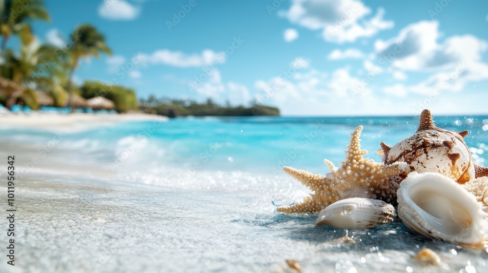 Wall mural seashells and a starfish rest on a pristine sandy beach, the azure ocean waves gently lapping behind