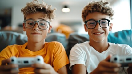 Two boys are sitting side by side, joyfully playing a video game with controllers in hand, showcasing camaraderie, excitement, and shared interests.