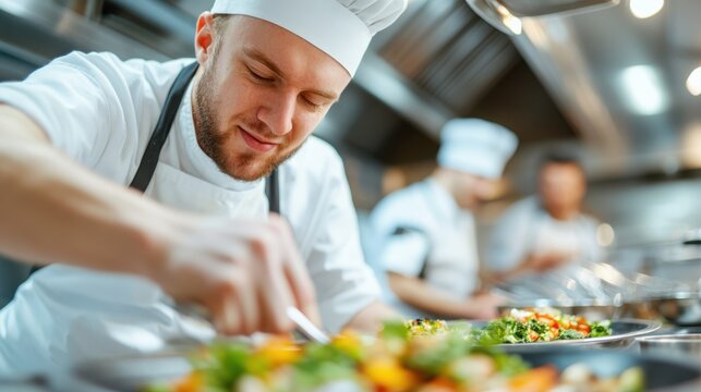 A skilled chef is captured mid-action in a bustling kitchen, artistically plating a dish with great focus and precision, depicting culinary expertise and dedication.