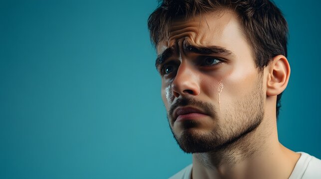 Close-up portrait of a young man crying with a tear rolling down his cheek