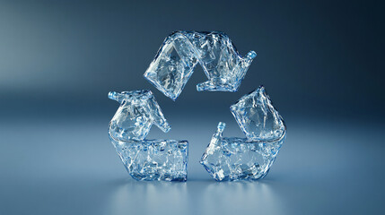 Conceptual image of a recycle symbol formed with crushed transparent plastic bottles highlighting eco-friendliness