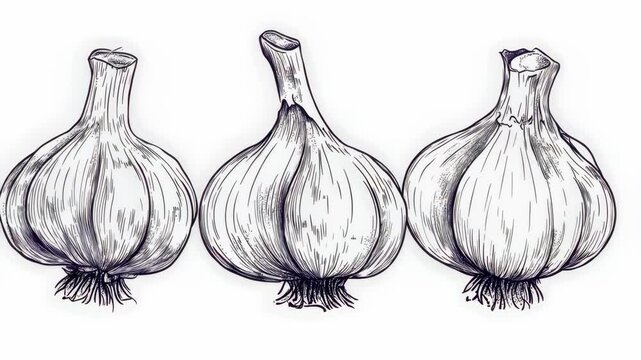 Three garlic bulbs are drawn in black and white