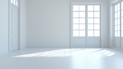 Fototapeta premium Bright and spacious white modern room with large windows