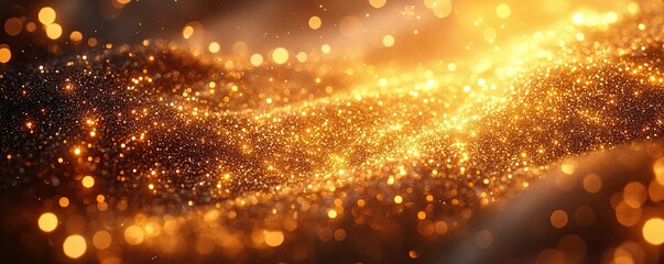 Naklejka premium A background of golden glitter, with light reflections and bokeh lights. Banner, wallpaper, background.
