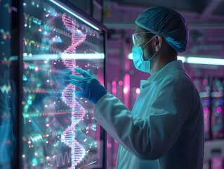 Naklejka premium Scientist Manipulating Genetic Code on Touchscreen in Lab to Eliminate Hereditary Diseases
