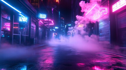 Fototapeta premium A nocturnal scene of an empty street enveloped in darkness and lit by the piercing glow of neon lights. The asphalt floor reflects the eerie illumination, casting long shadows