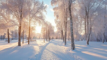 Snowy trees in a Moscow park create a stunning winter wonderland.