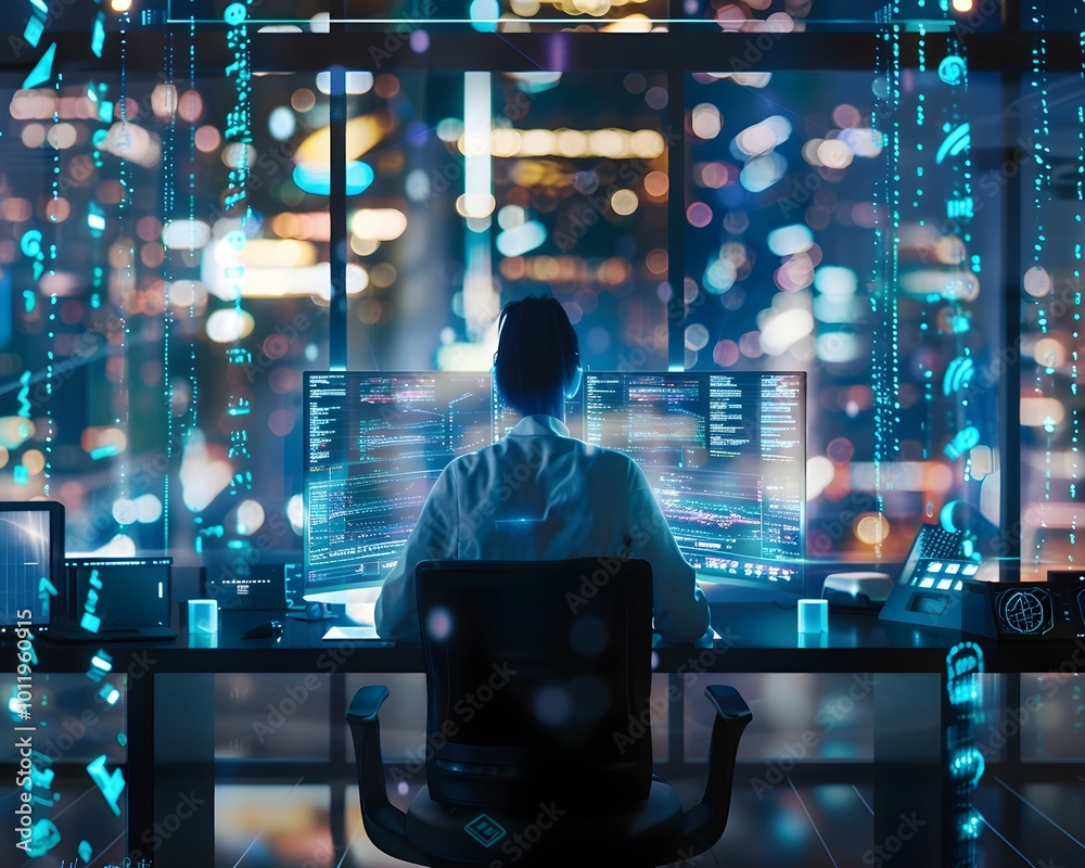 Poster genetically enhanced individual analyzing complex algorithm in futuristic workspace