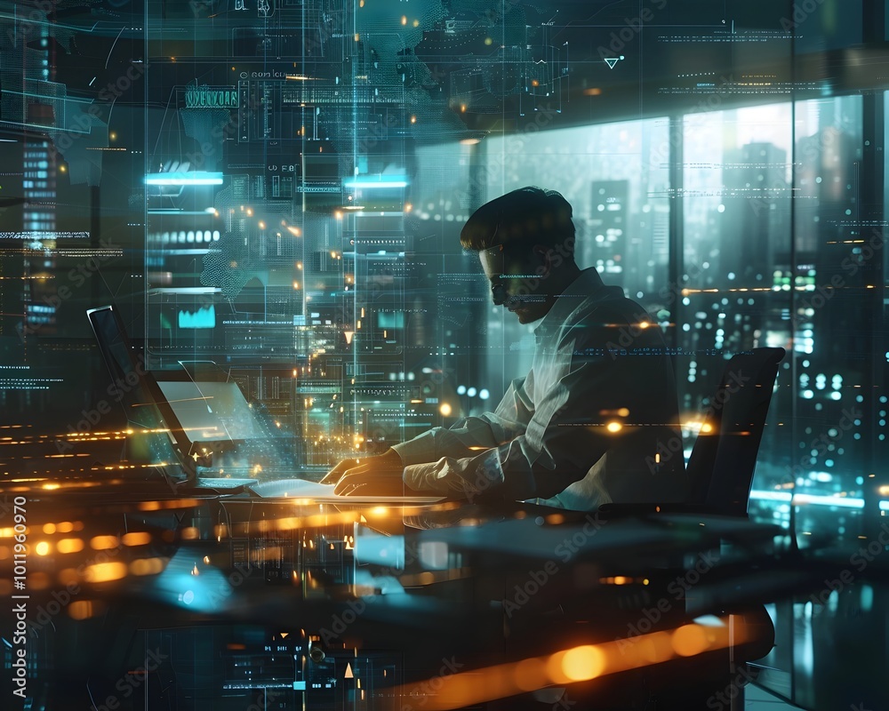 Poster genetically enhanced individual analyzing complex algorithm in futuristic office with floating holog