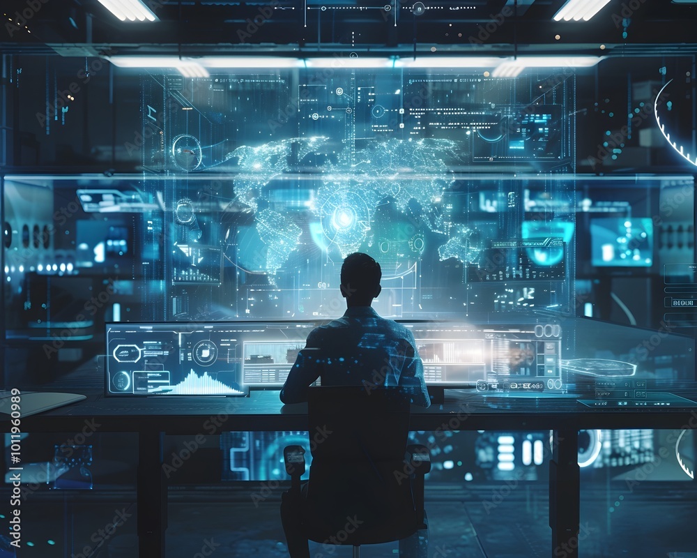 Poster genetically enhanced individual analyzing complex algorithms in futuristic office environment