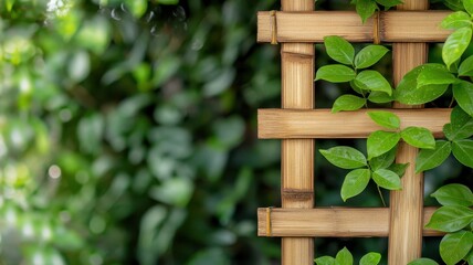 Bamboo trellis with green leaves on a blurred natural background. Bamboo eco-friendly furniture concept