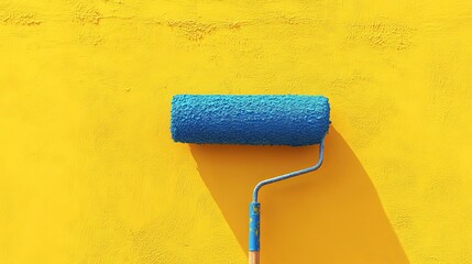Obraz premium A paint roller, laden with vibrant blue paint, glides effortlessly across a sunny yellow wall, leaving behind a smooth, even coat. The roller's soft bristles caress the wall's surface