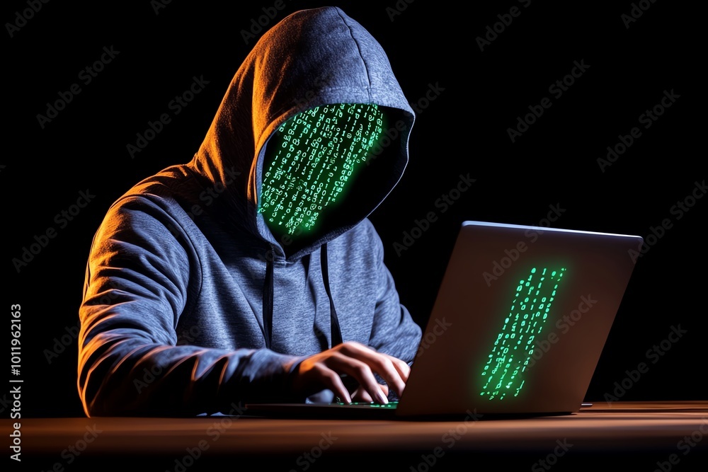 Aufkleber a person in a hoodie working on a laptop, with glowing green code streaming across the screen, symbo