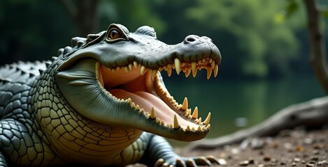 Obraz premium crocodile with powerful jaws and menacing teeth, against a blurred background of nature