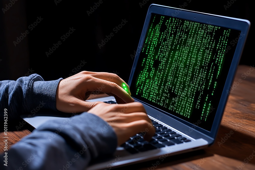 Poster a person in a hoodie working on a laptop, with glowing green code streaming across the screen, symbo