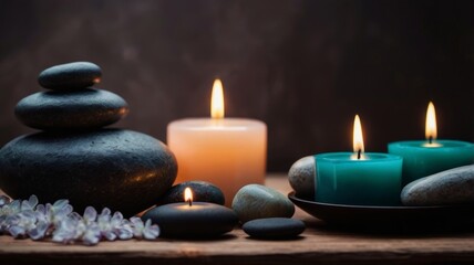 Spa stones and candles arranged on a wooden table, creating a serene and calming atmosphere for relaxation.