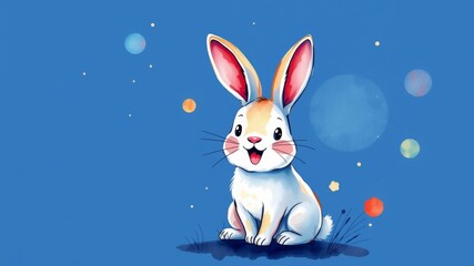 A cartoon rabbit sitting against a vibrant blue background.